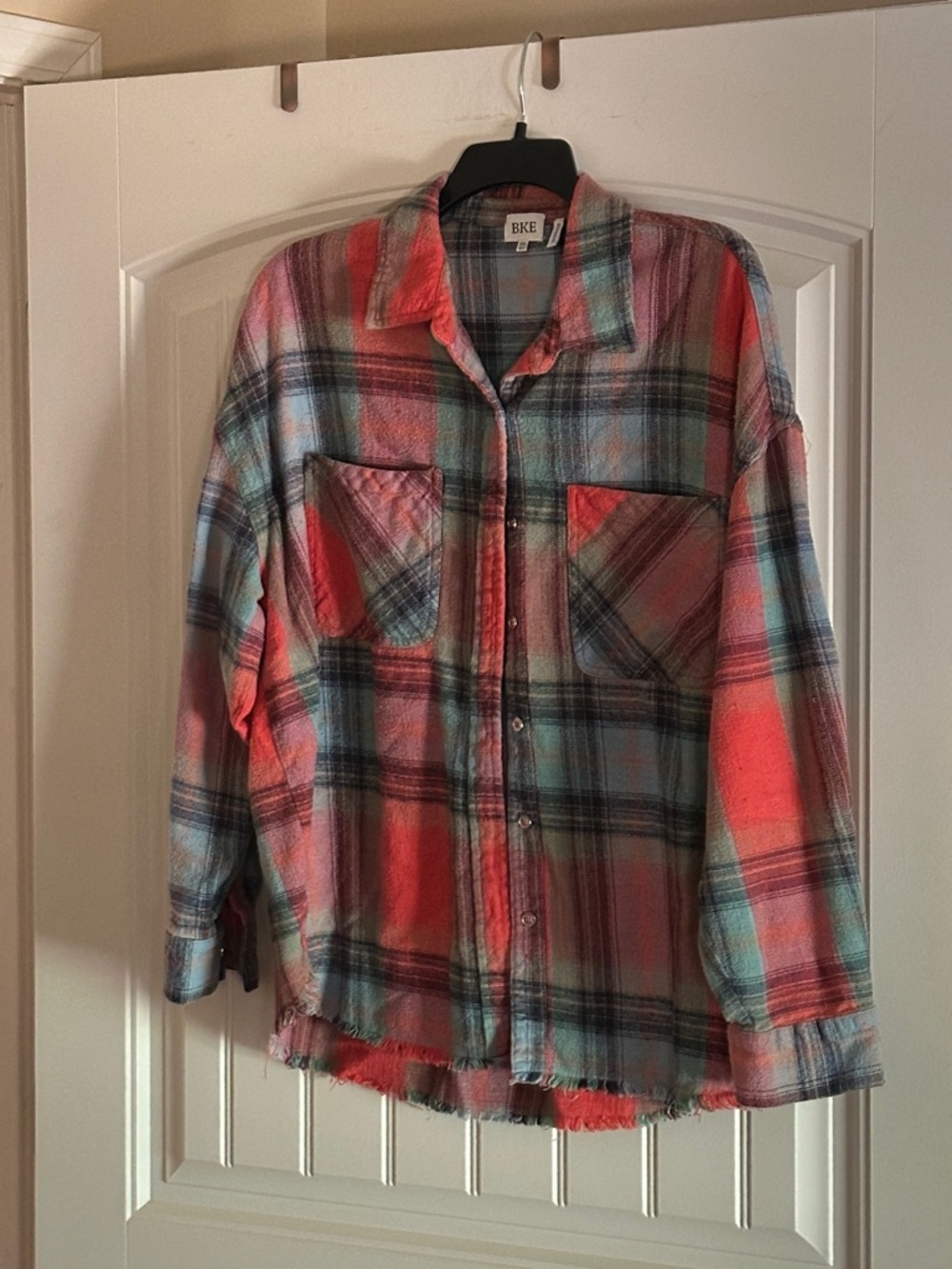 BKE Coral and Teal Plaid Button-Down Shirt